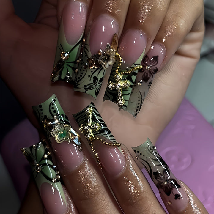 Decorative Floral Press-On Nails with Gem Accents Kalsten