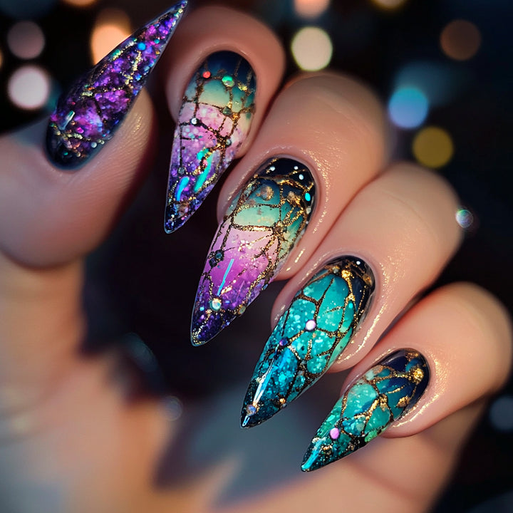 Exclusive stiletto artificial nails with glitter and ombre design Kalsten