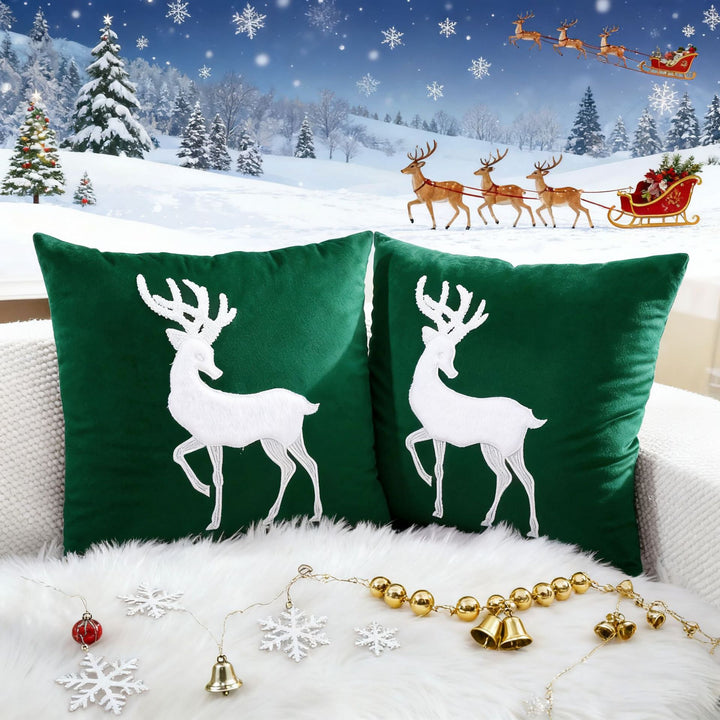 Festive Velvet Reindeer Appliqué Square Throw Pillow Cover with Hidden Zipper