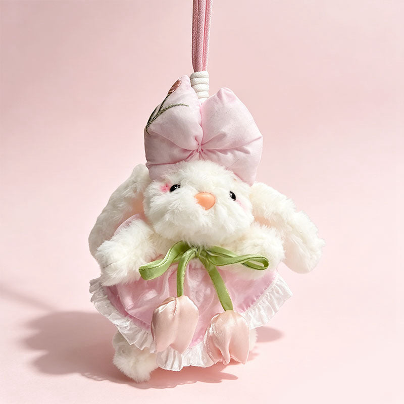 Plush Bunny Bag Charm Keychain with Decorative Bow and Floral Dress Kalsten