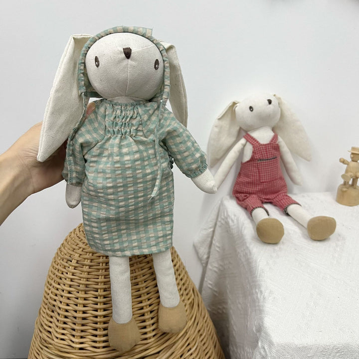 Soft Linen Bunny Doll Pair with Removable Vintage-Inspired Outfits