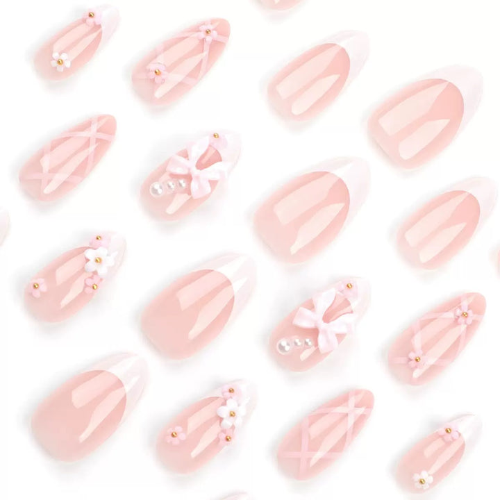 Acrylic Nail Set with Elegant Bows and Floral Accents Kalsten