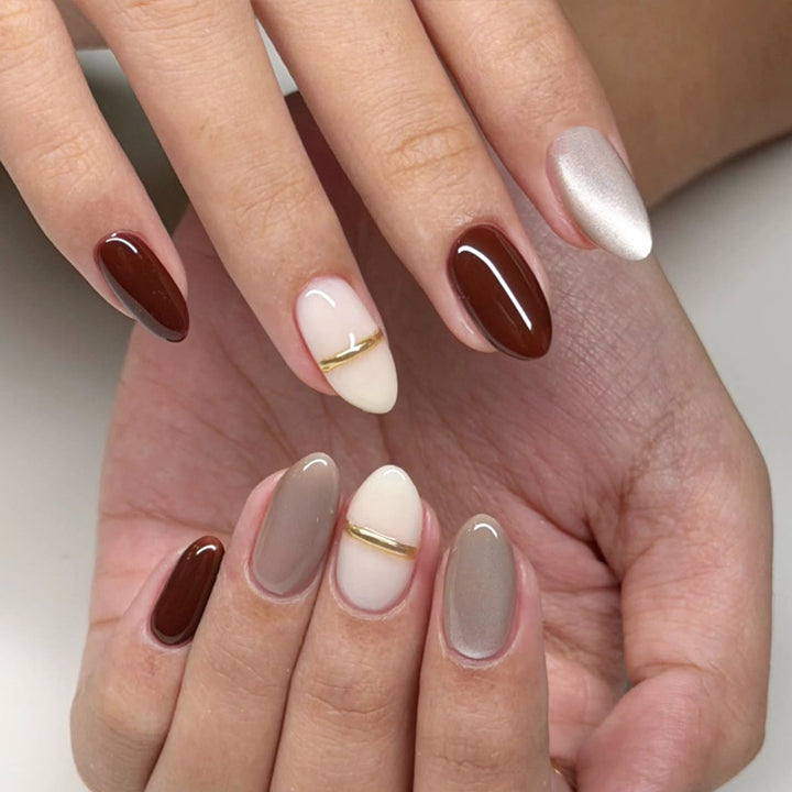 Elegant Almond-Shaped Press-On Nails Set with Gold Accents Kalsten