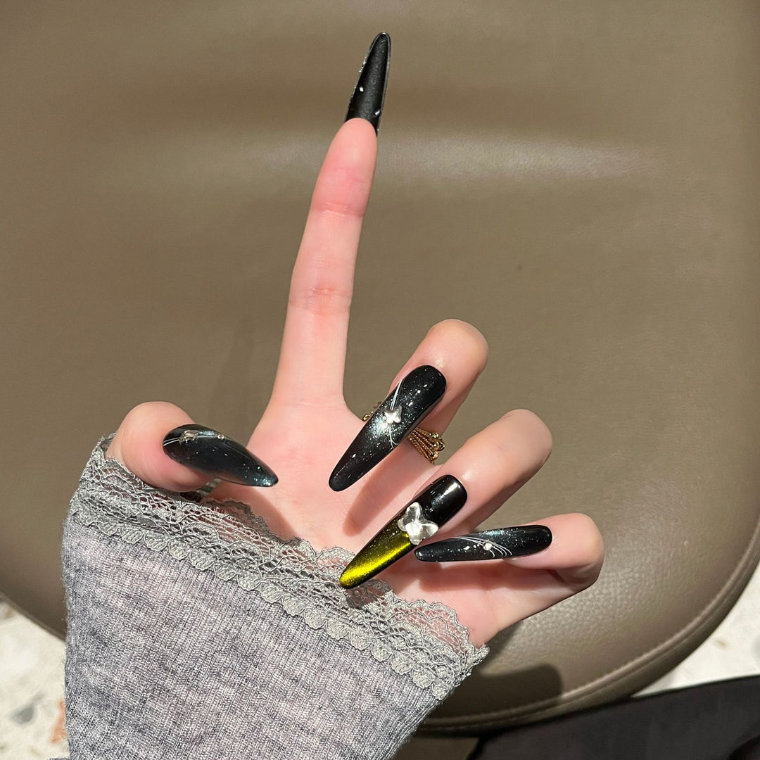 Artistic Stiletto Nail Extensions with Metallic Accents Kalsten