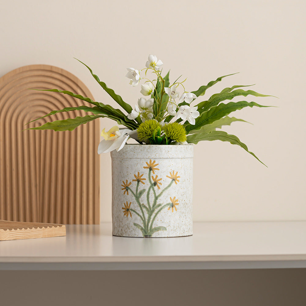 Decorative Flower-Embellished Ceramic Planter