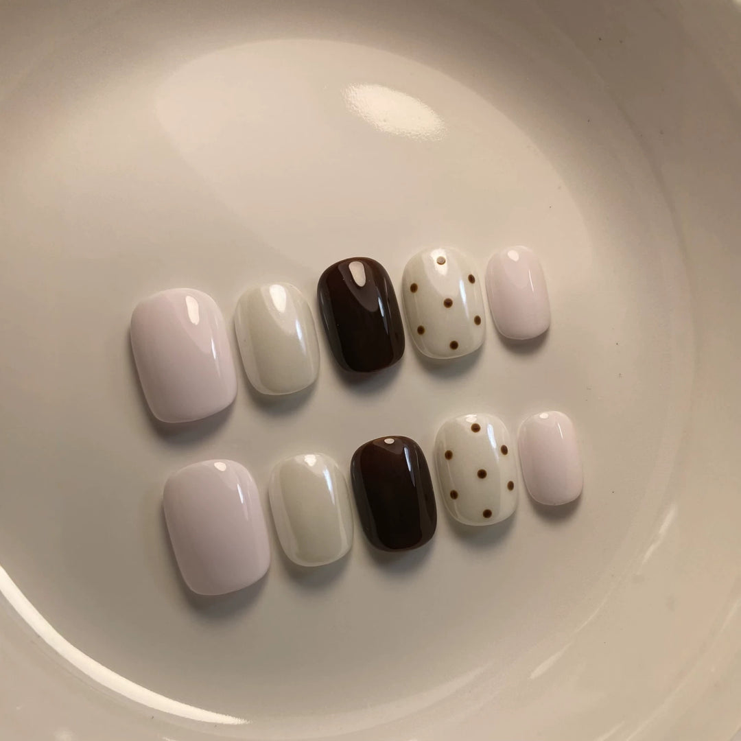 Artistic Press-On Nail Set with Abstract and Polka Dot Designs