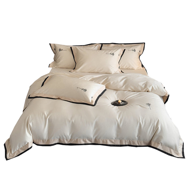 Bedding set cotton satin with contrasting border and delicate rose embroidery