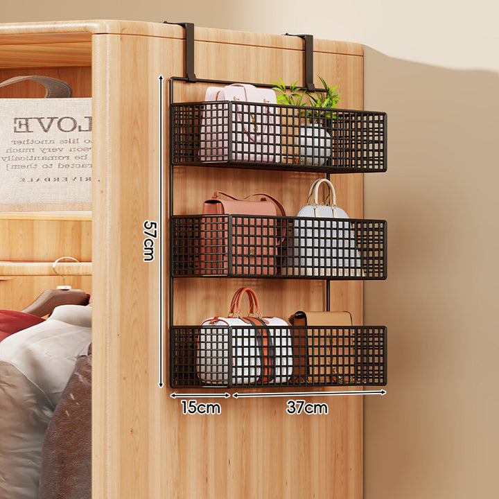 Over-the-Door Metal Grid Hanging Organizer with Four Stackable Baskets and Hooks