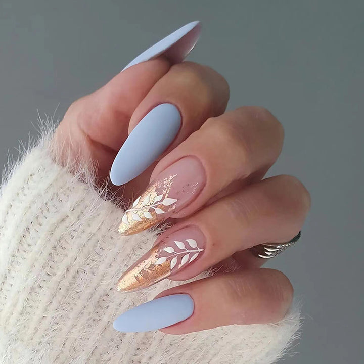 Artful nail extensions with an elegant leaf pattern Kalsten