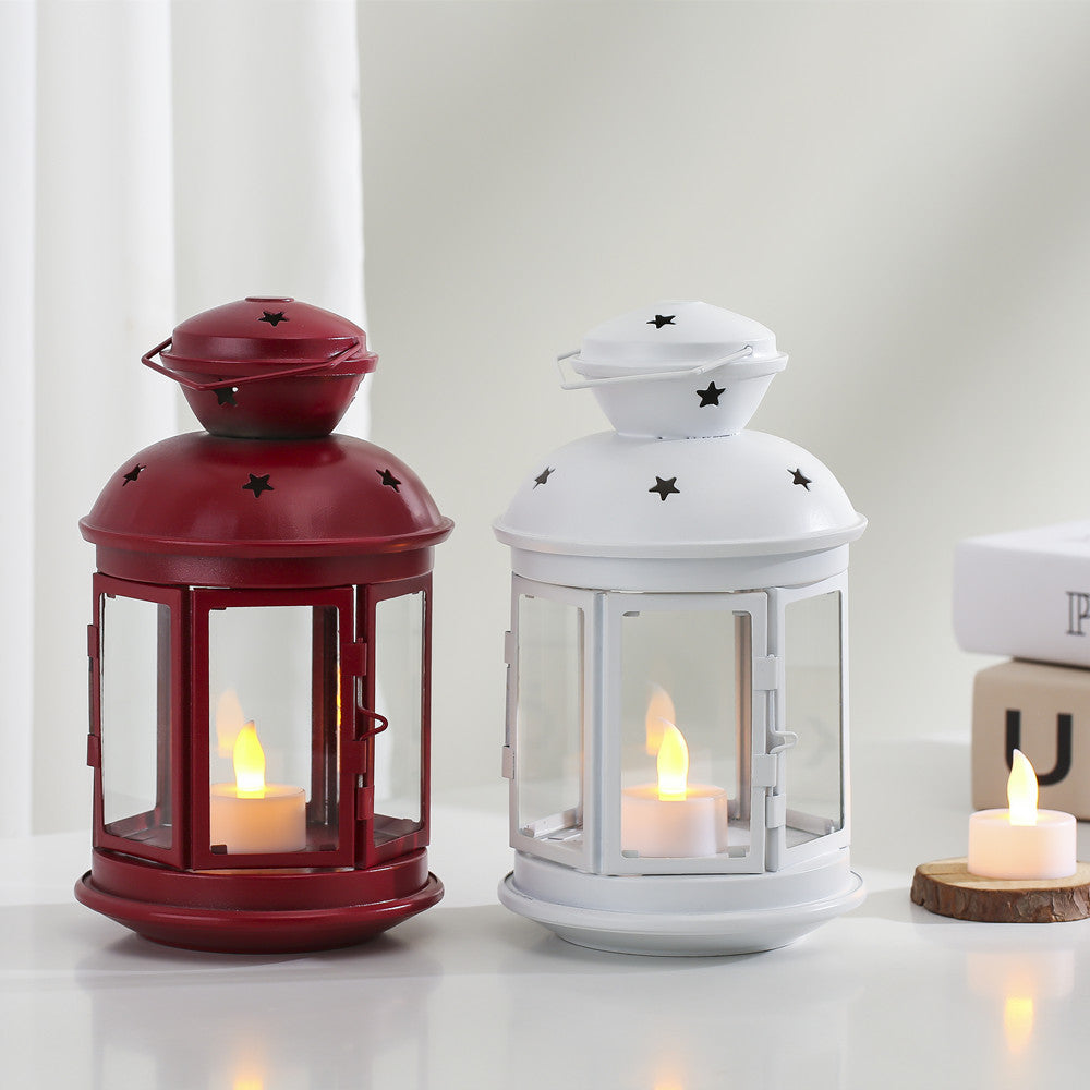 Vintage-Inspired Cylindrical Metal Tea Light Lantern with Star Vent Cutouts and Hinged Glass Door Kalsten