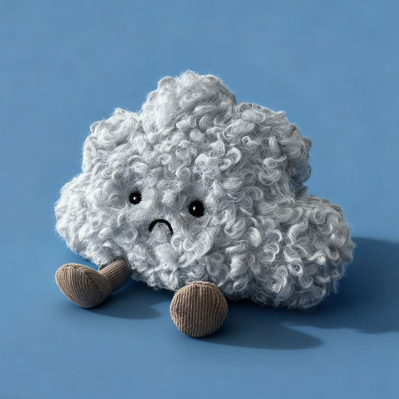 Curly Faux-Fur Sad Cloud Plush Pillow with Corduroy Legs and Embroidered Face Kalsten