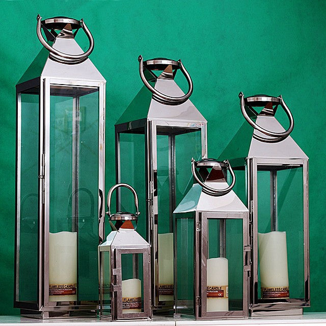 Stainless Steel Glass Hurricane Lantern Set with Hinged Door and Top Carry Ring Kalsten
