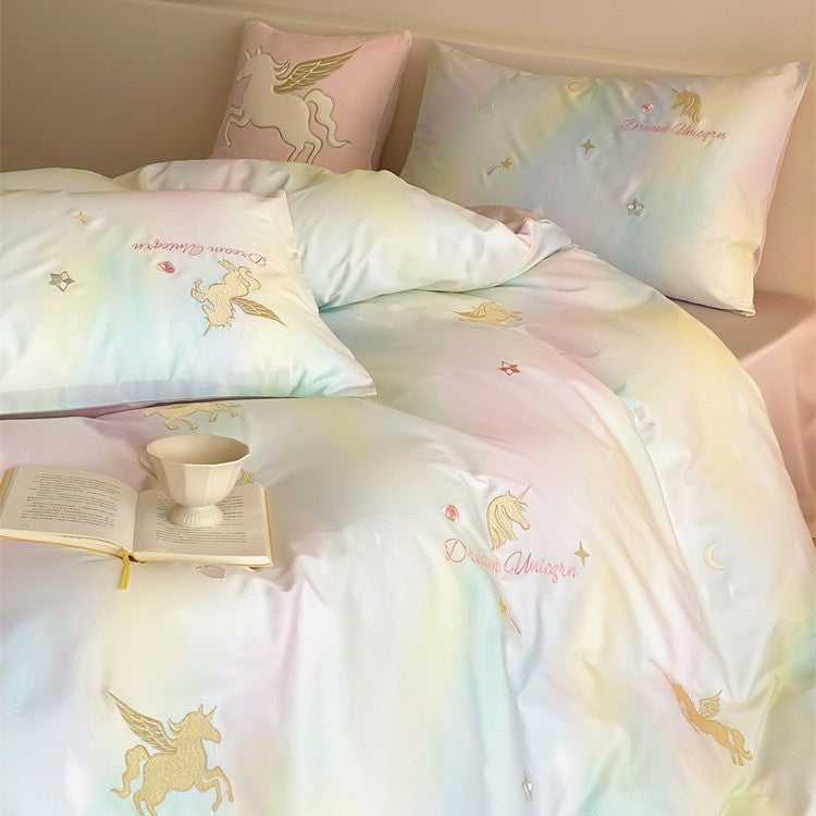 Children's bedding set with unicorn print, pastel gradient and cotton satin Kalsten