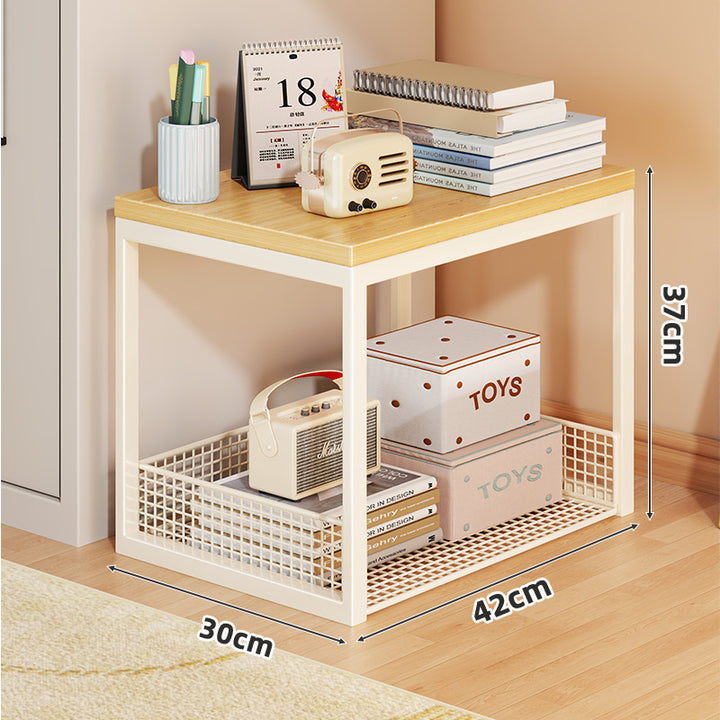 Two-Tier Rolling Mesh Storage Cart with Wood Top and Locking Casters