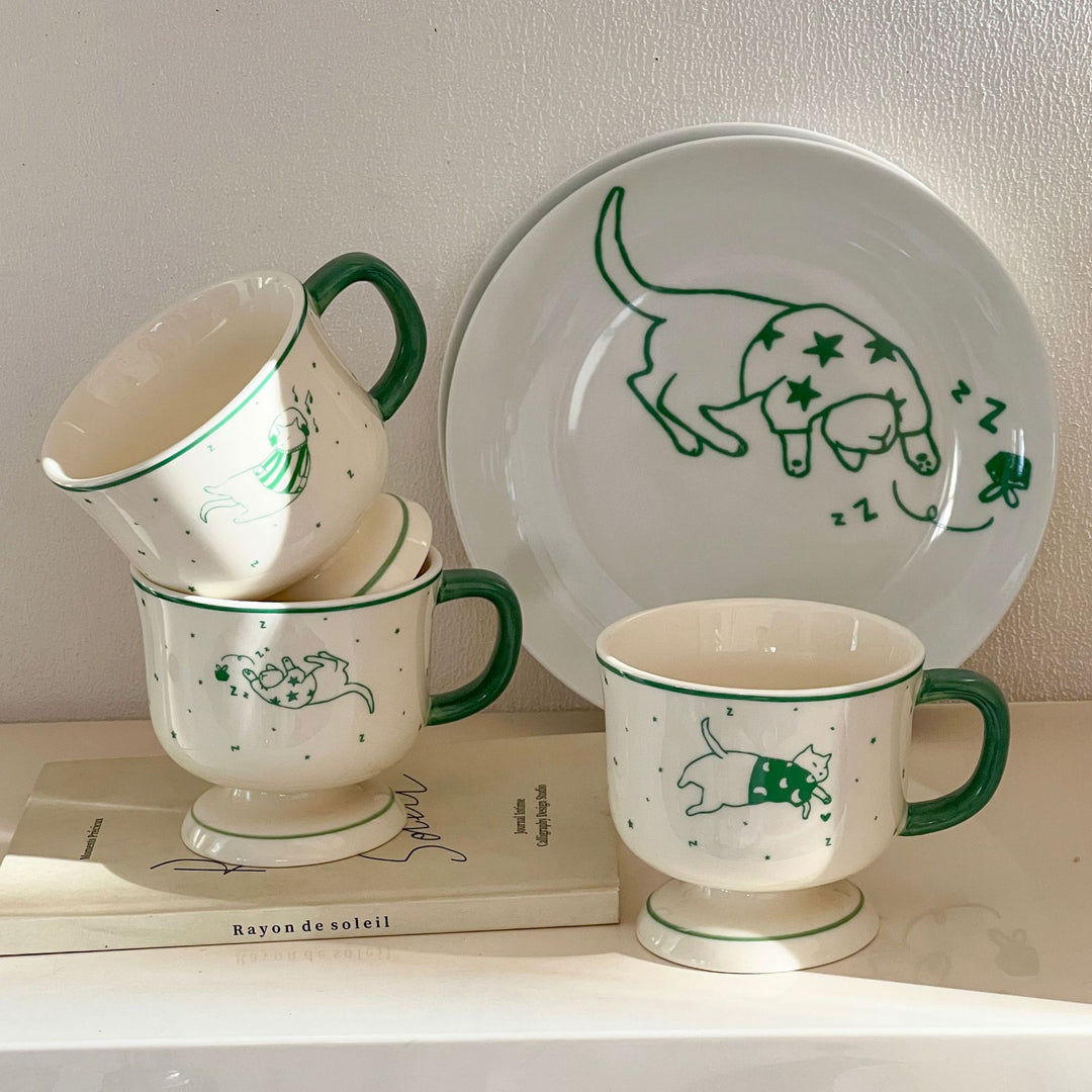 Handcrafted ceramic plate with illustrative cat design