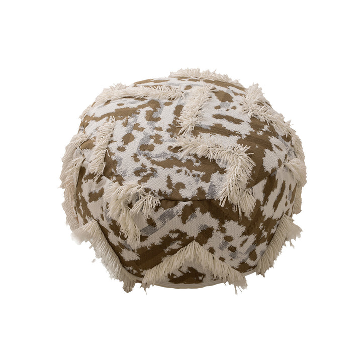 Round Boho Seat Pouf with Hand-Tufted Structure and Decorative Fringes Kalsten