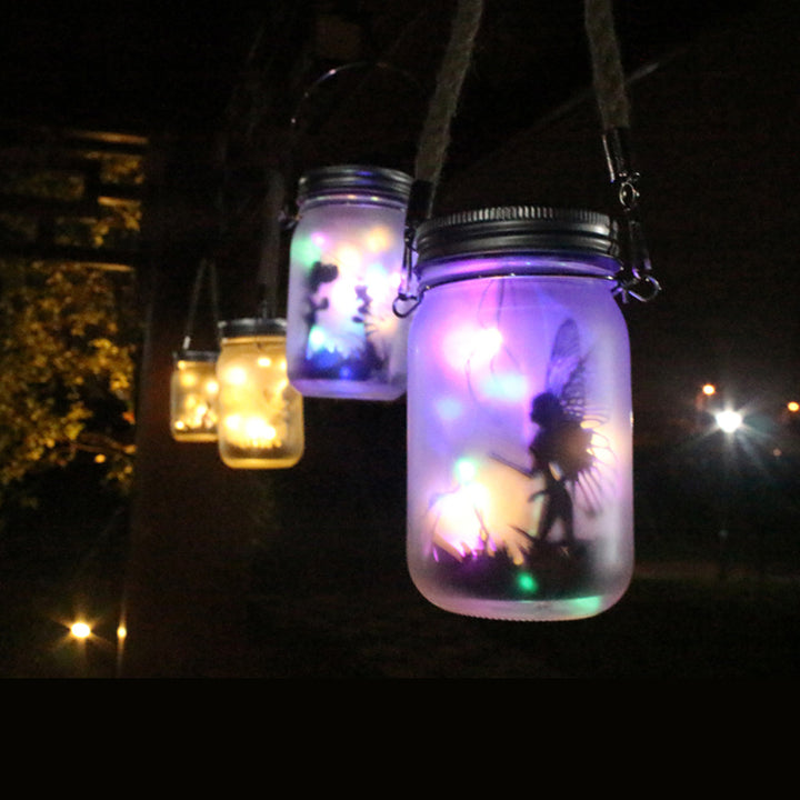 Hanging Frosted Mason Jar Solar LED Fairy Silhouette Lantern With Rope Handle And Dynamic LED String Kalsten