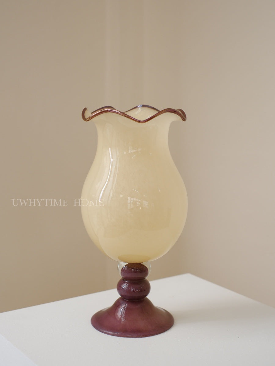 Decorative Ruffled Glass Table Vase with Turned Pedestal Kalsten