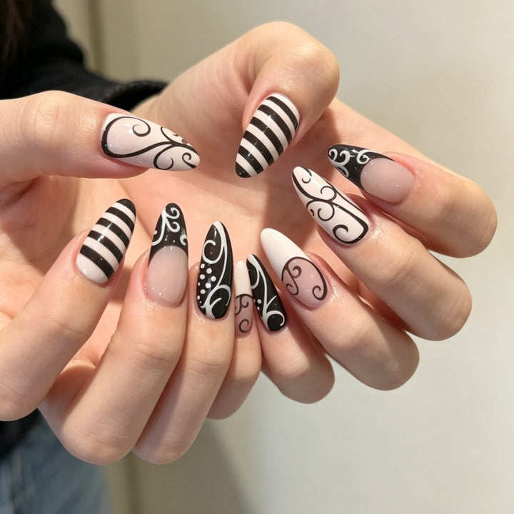Artificial nails with modern black and white design Kalsten