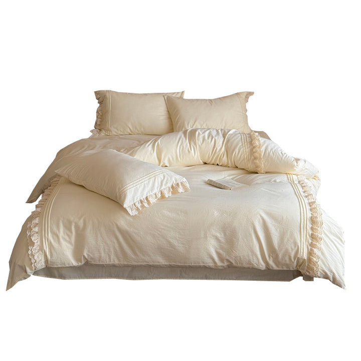 Romantic bedding set with lace ruffles and fine cotton texture