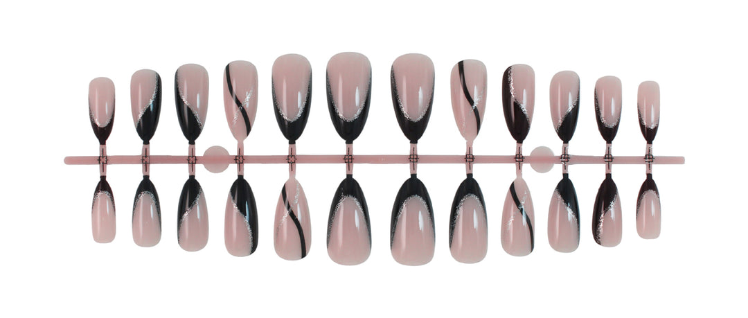 Artificial nail set with elegant black and white design and glitter accents Kalsten