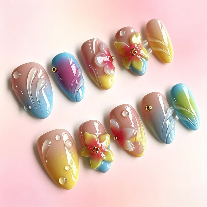Acrylic nail set with floral elements and colorful accents Kalsten