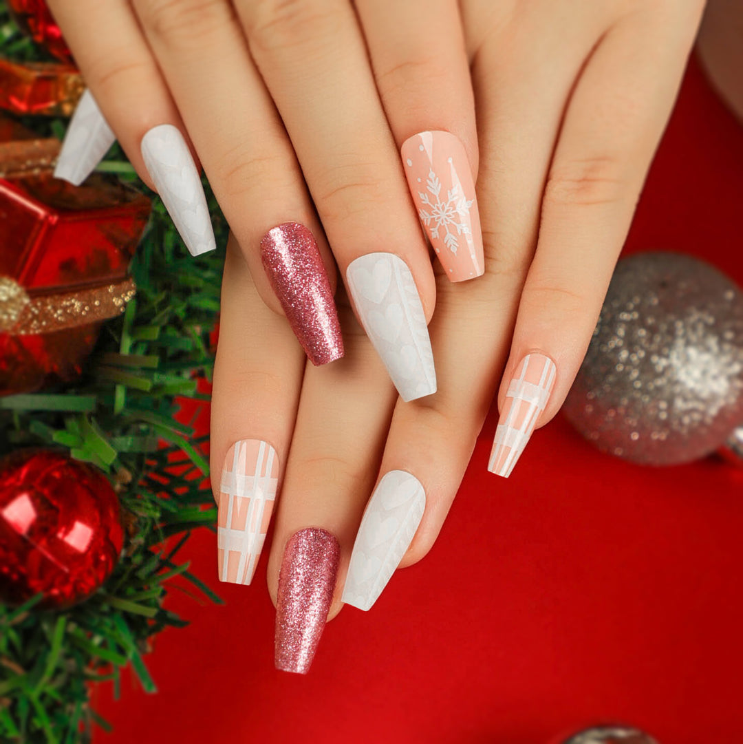 Artful Nail Extensions with Festive Glitter Design Kalsten