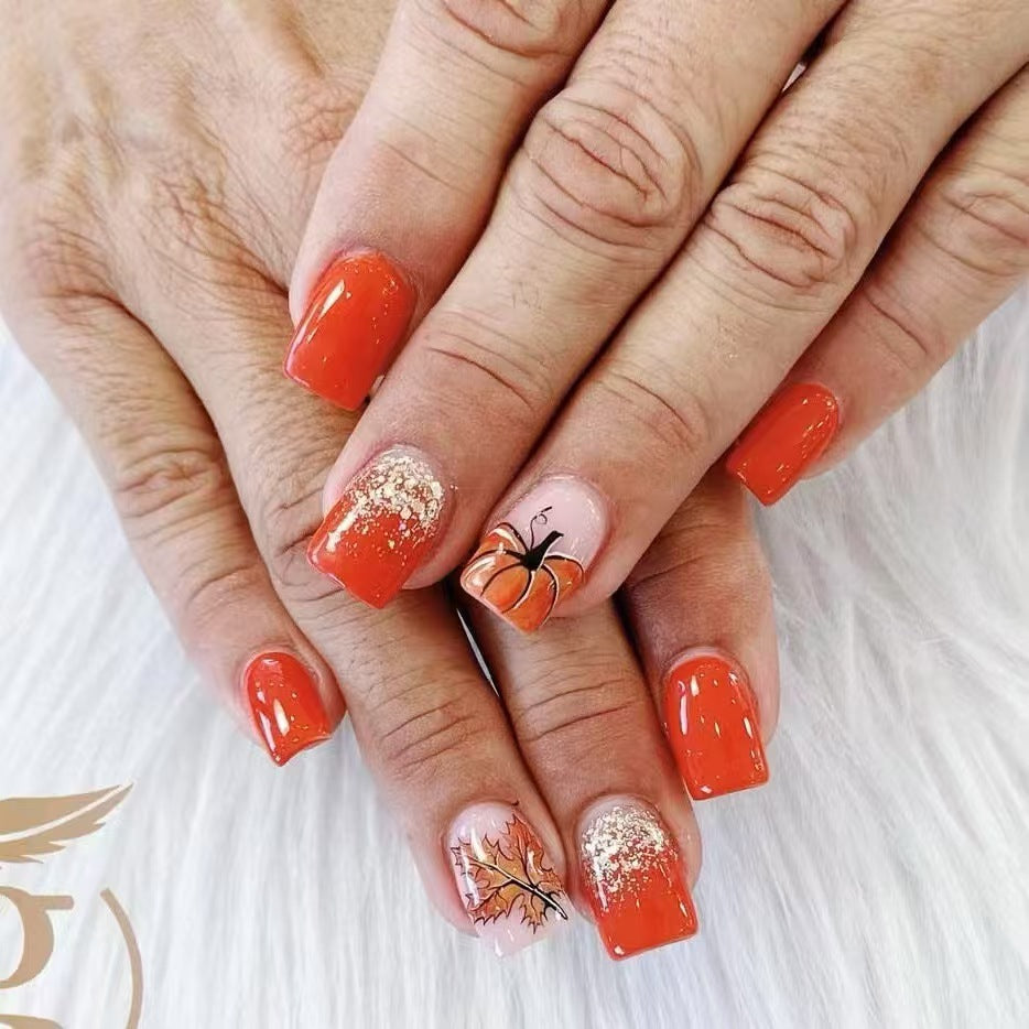 Festive Pumpkin-Themed Press-On Nail Set Kalsten