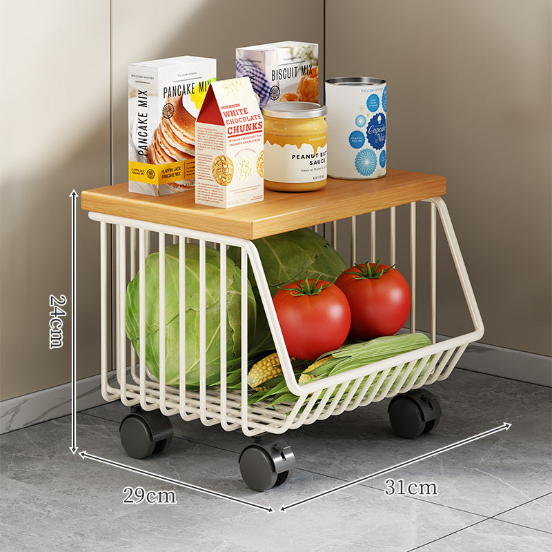 Countertop Wooden Top Metal Wire Fruit and Vegetable Storage Rack
