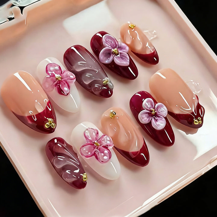 Artistic Press-On Nail Set with Floral Accents