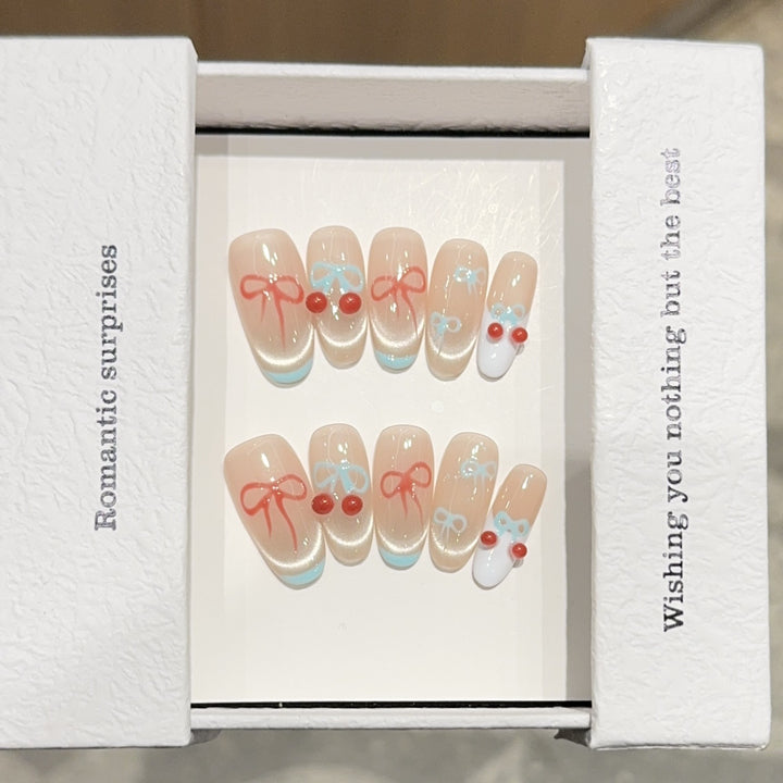 Artificial nail tips with romantic bow and cherry motifs Kalsten