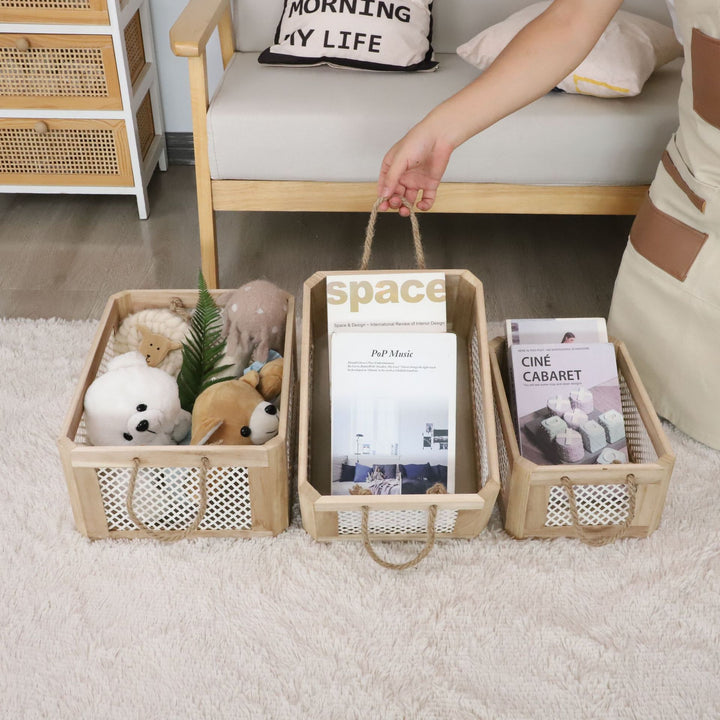 Open storage basket with natural fiber and raffia covering
