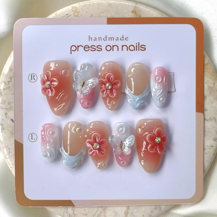 Handmade Press-On Nail Set with Floral and Butterfly Designs