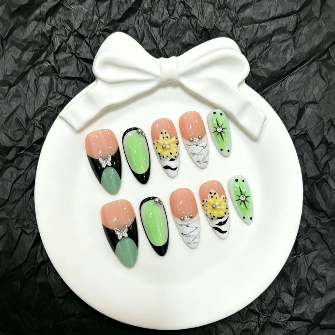 Artistic Press-On Nail Art Set with Floral and Butterfly Accents