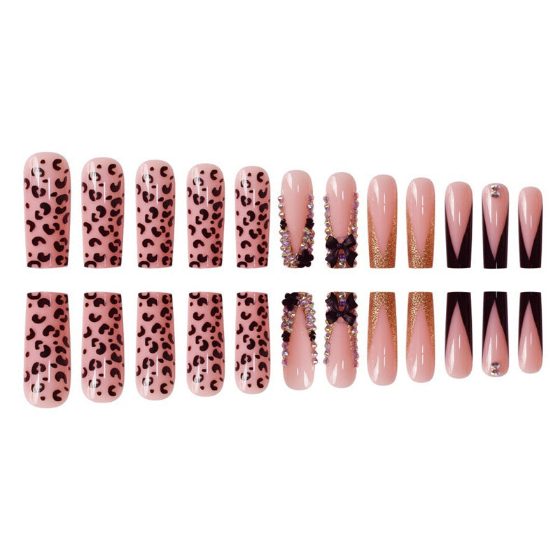 Glamorous Press-On Nail Art Set with Rhinestone and Leopard Accents Kalsten