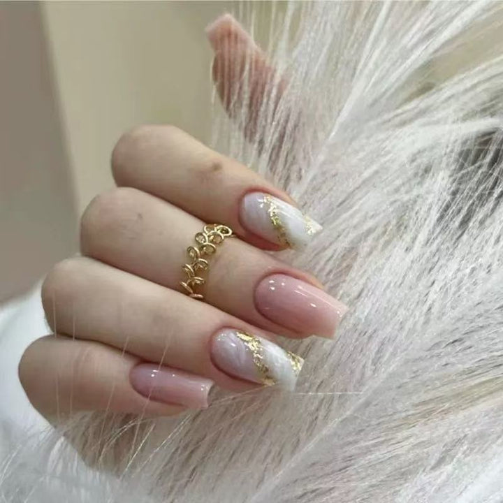 Elegant Artificial Nail Tips with Shiny Gold Accents Kalsten