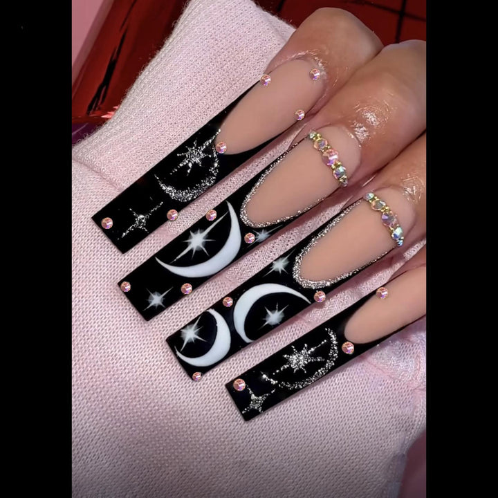 Artistic Long Stiletto Press-On Nail Set with Moon and Star Designs