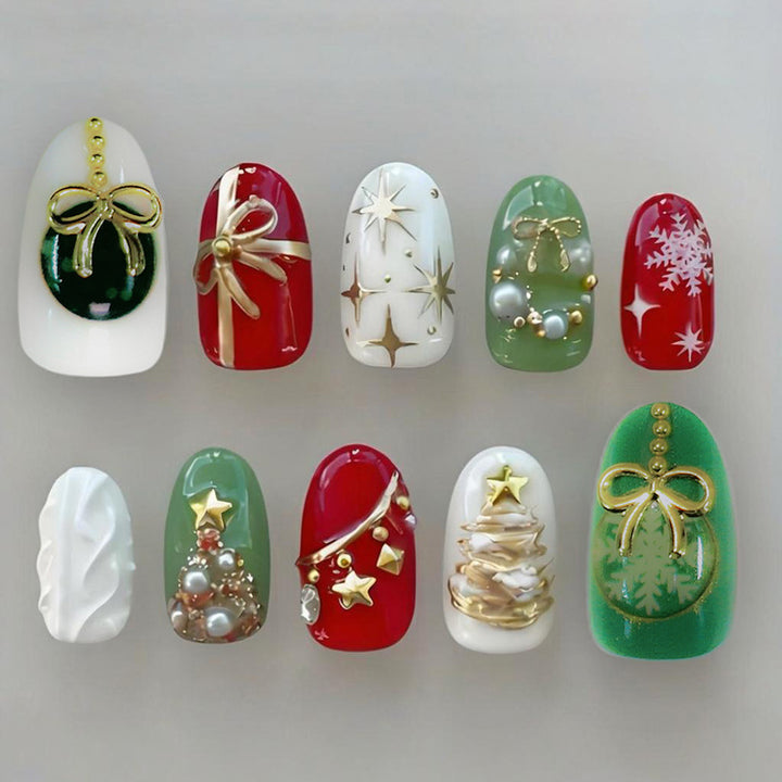 Artificial nail set with festive Christmas motifs and glamorous gold decorations Kalsten