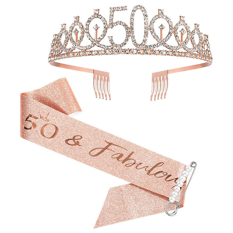 Women Crystal-Embellished Birthday Crown with Personalized Sash Kalsten