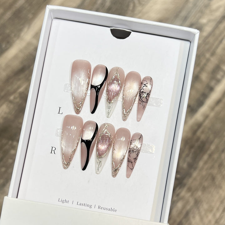 Artistic Stiletto Press-On Nail Set with Unique Marble Design Kalsten
