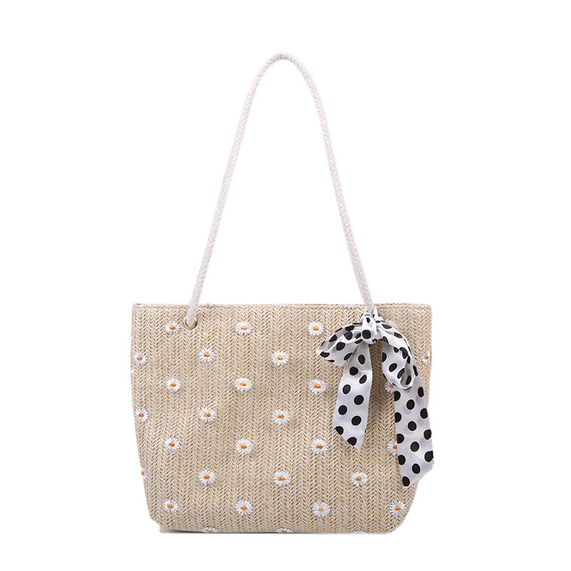 Straw Beach Tote Bag with Decorative Scarf