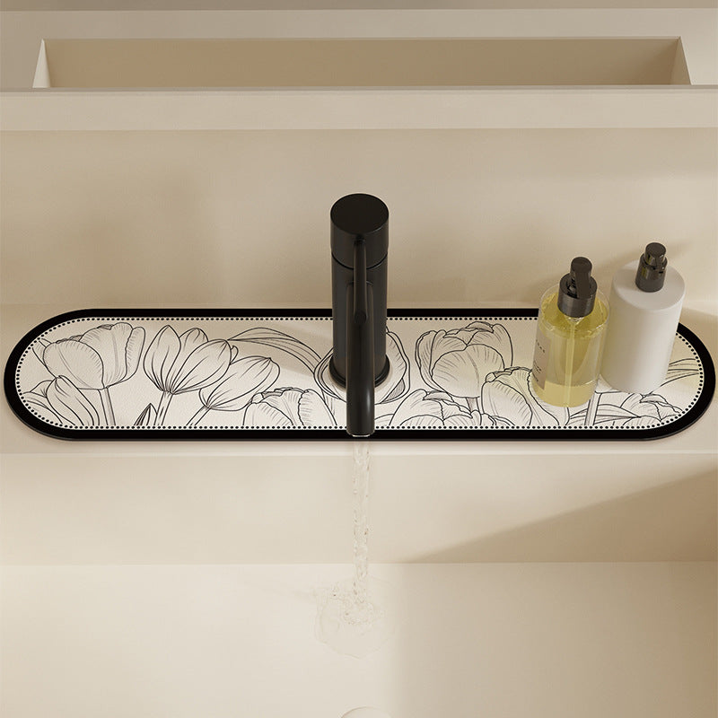 Decorative Semi-Circle Sink Splash Mat with Absorbent Silicone and Floral Sketch Print