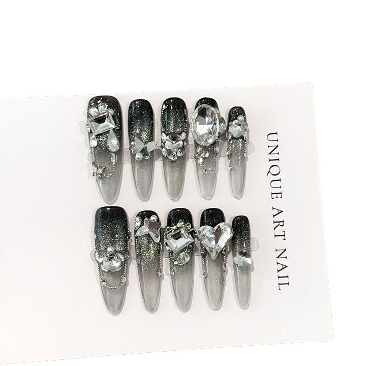 Glamorous Stiletto Press-On Nail Design Set with Crystal Accents