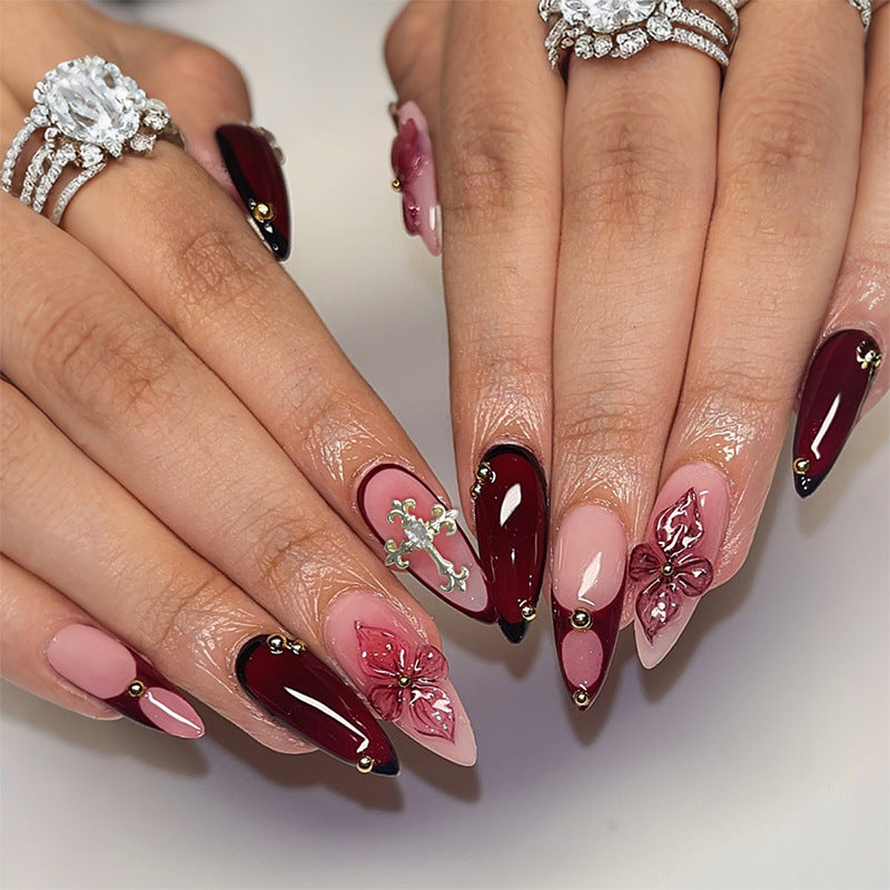 Artistic Press-On Nail Set with Floral and Ombre Design kalsten