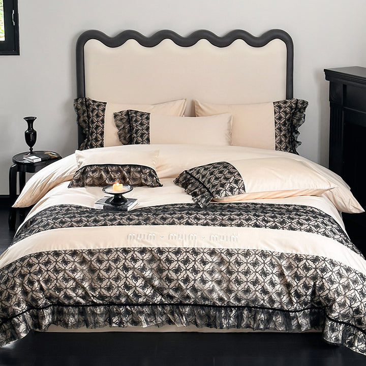 Luxurious Reversible Cotton Satin Bedding Set with Jacquard Border and Ruffle