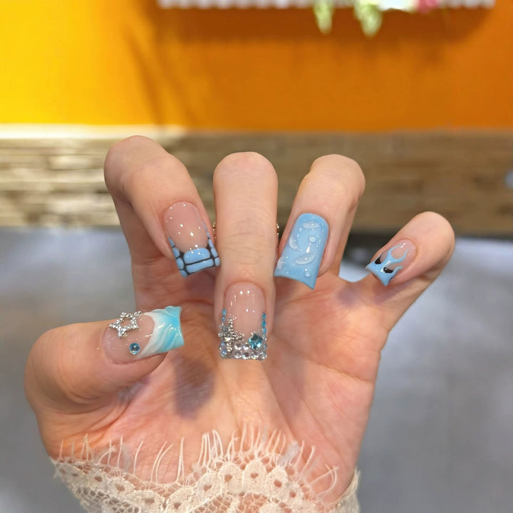 Decorative Press-On Nail Art Set with Ocean-Inspired Design Kalsten