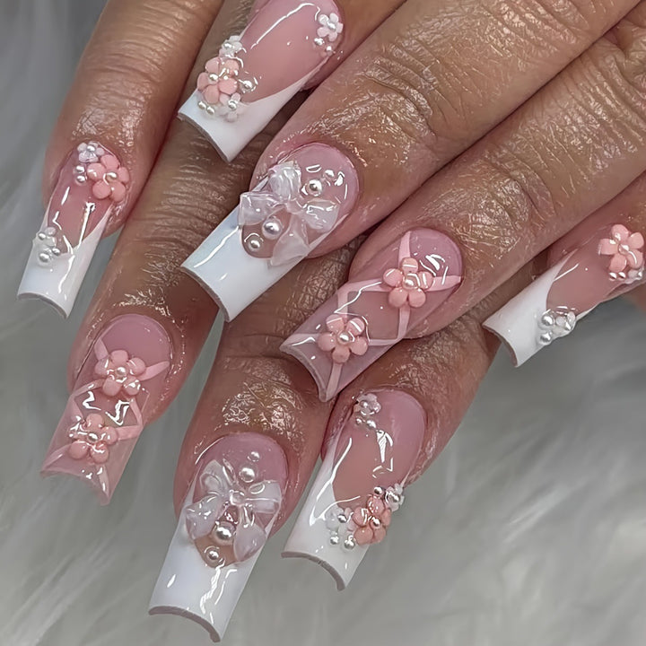 Acrylic nail set with elegant 3D flowers and ribbon decorations Kalsten