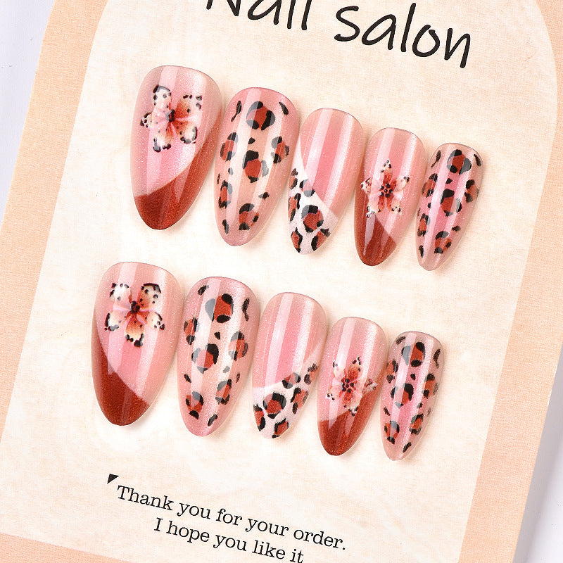 Artistic Press-On Nail Art Set with Floral and Leopard Designs