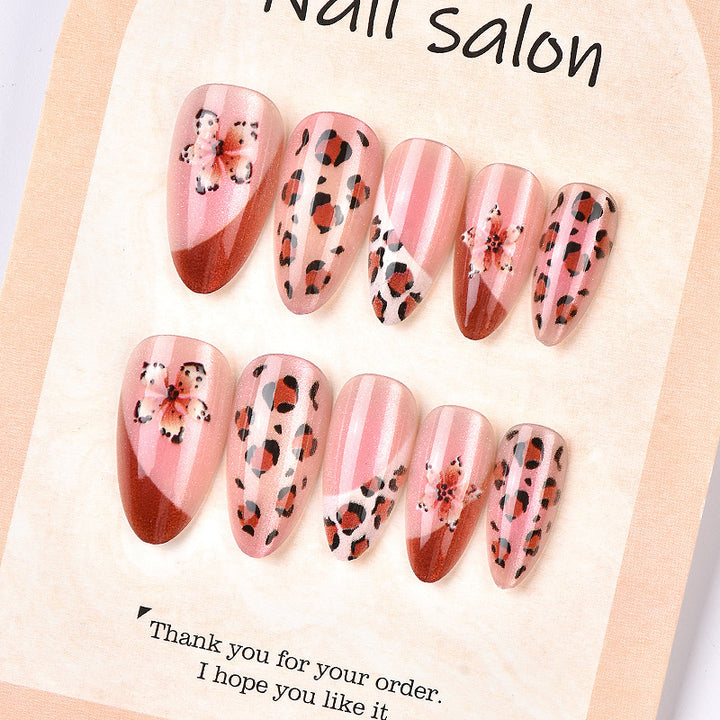 Artistic Press-On Nail Art Set with Floral and Leopard Designs