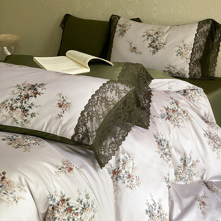 Satin bed linen set with floral print and delicate lace trim